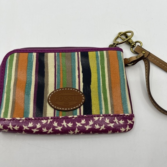 Fossil Canvas Coated Zip Around Wristlet Strap 4.5"x 6.5" Purple Stripe Colorful - Picture 1 of 10